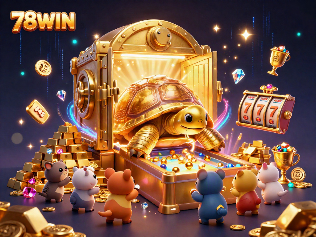 Experience thrilling gameplay with 78WIN, featuring a 3D tortoise pinball machine surrounded by treasure.