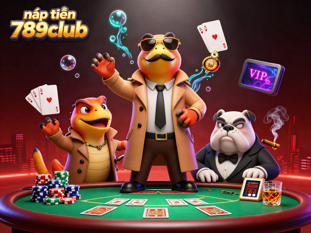 Experience nạp tiền 789club with raptors in a trench coat at a VIP casino lounge, surrounded by poker elements.