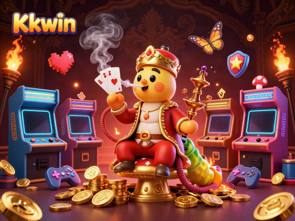 Kkwin gaming scene featuring a colorful caterpillar hookah-master and arcade game machines in a rich casino setting.