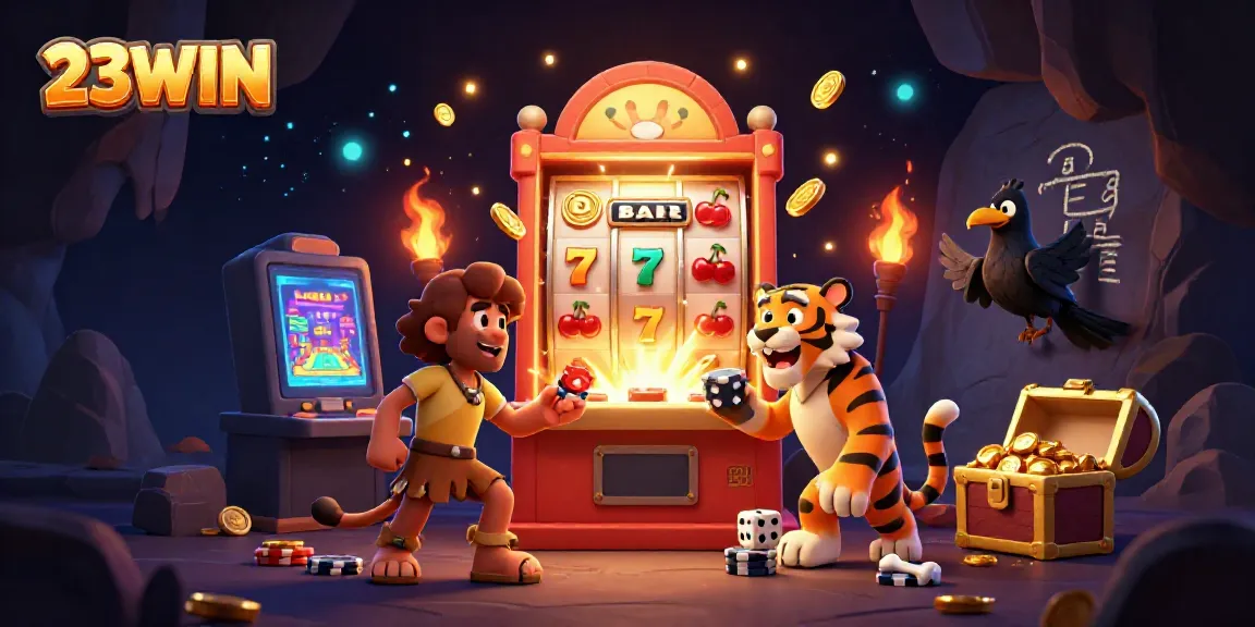 Experience the thrills of 23WIN with our dynamic prehistoric casino illustration, featuring exciting gaming elements.