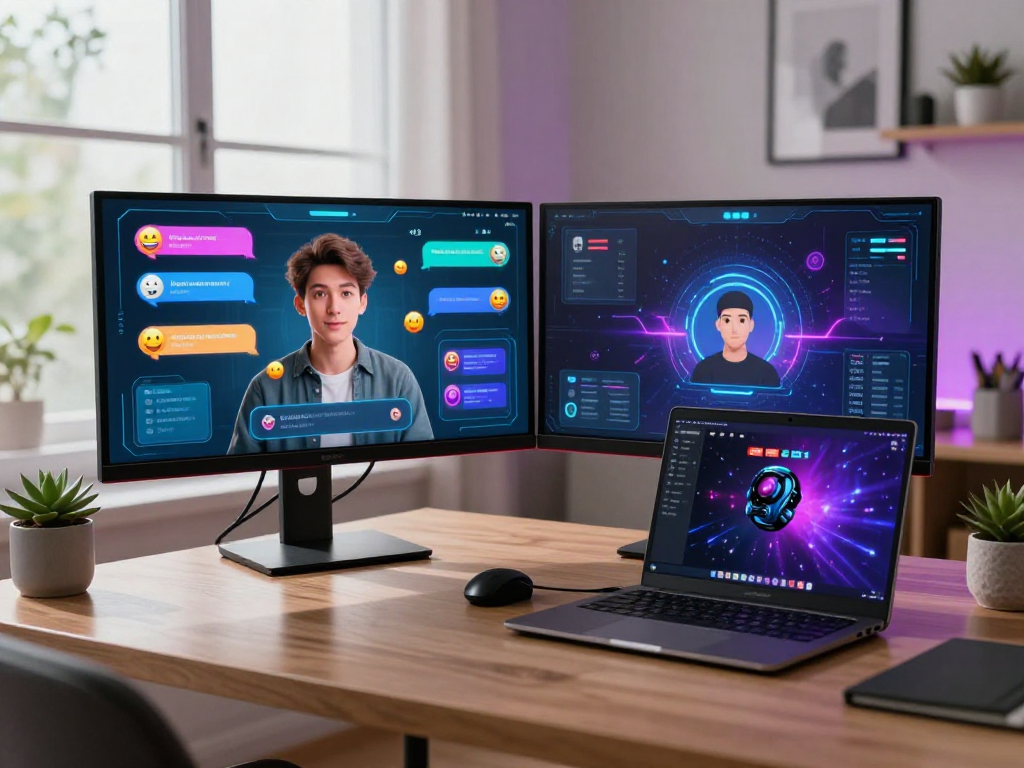User in a cozy home office engaging in nsfw AI chat with vibrant visuals and modern decor.