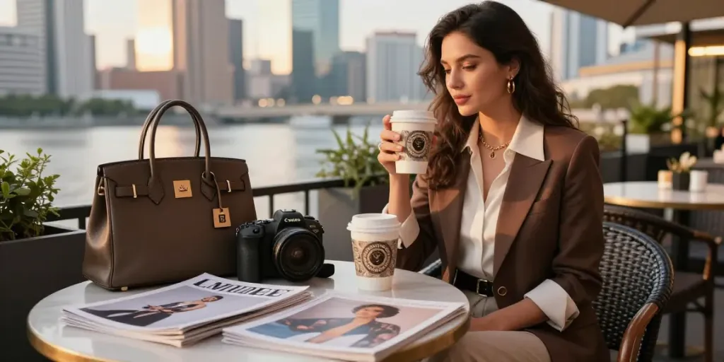 luxury lifestyle digital magazine feature showcasing elegant woman with designer accessories at chic café