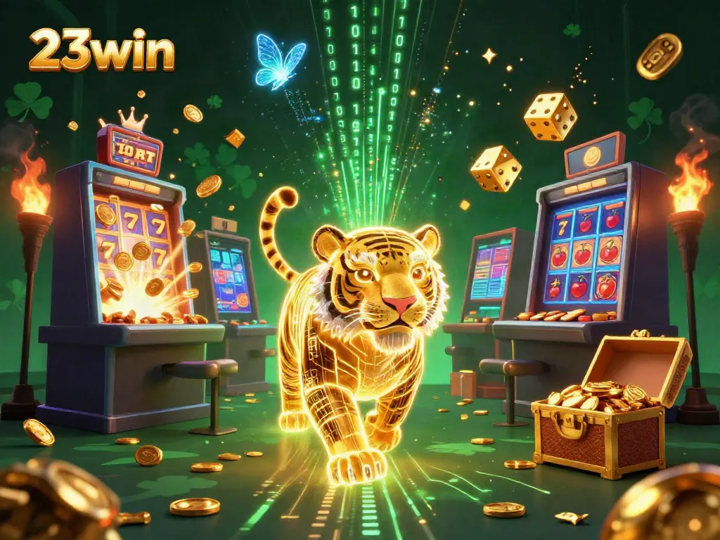 Experience the thrill of 23win casino with vibrant slot machines, a glowing tiger, and dynamic game elements.