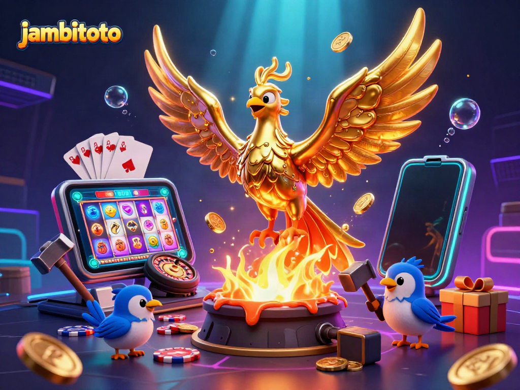 Experience the thrill of jambitoto with vibrant slot game visuals, golden coins, and a mythical phoenix!