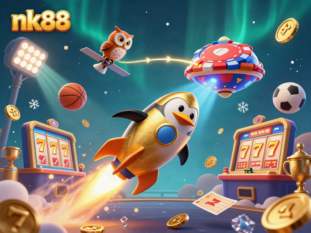 Experience the fun of nk88 with a vibrant 3D gaming scene featuring a rocket-powered penguin and casino elements.
