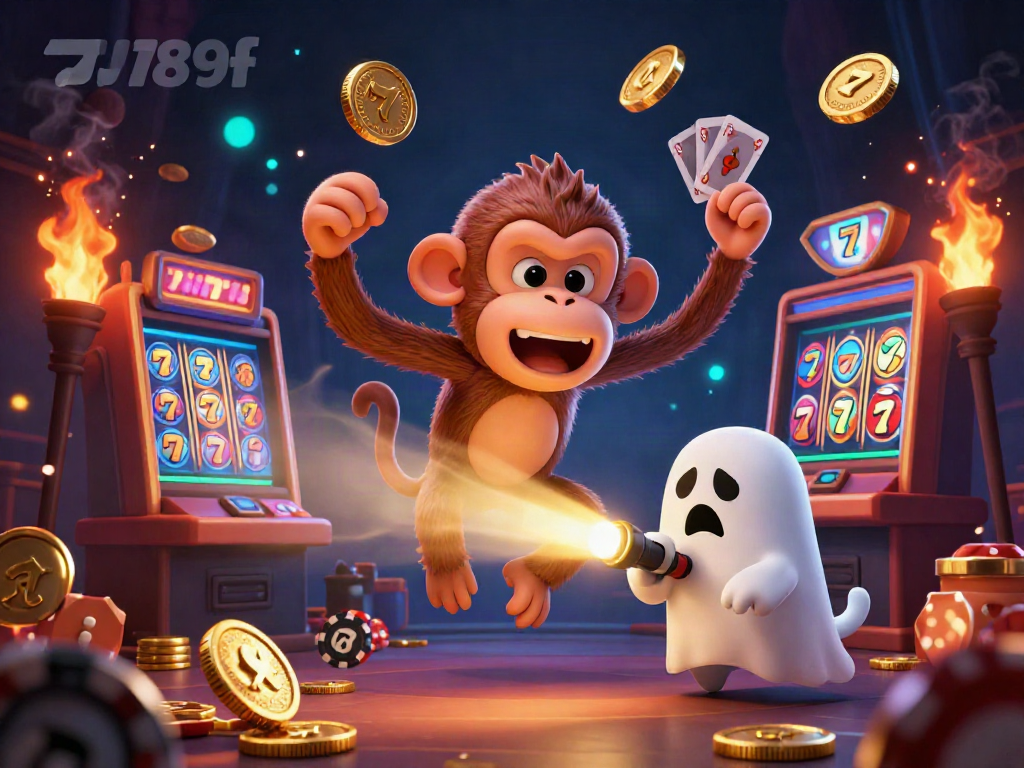 Experience the thrilling atmosphere of 789f with a poltergeist monkey and a ghost-hunter puppy amidst a casino.