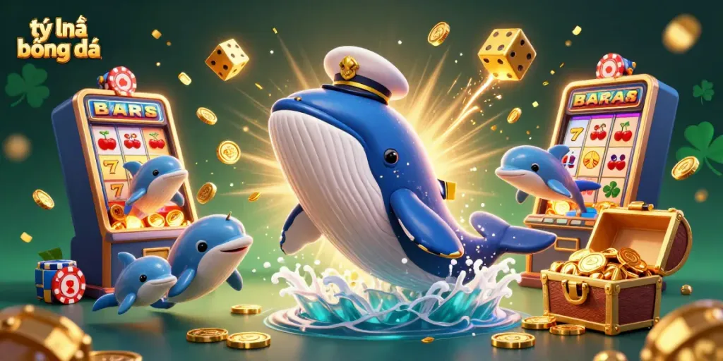 Experience thrilling tỷ lệ bóng đá moments with playful dolphins and a charming whale in a vibrant casino scene.