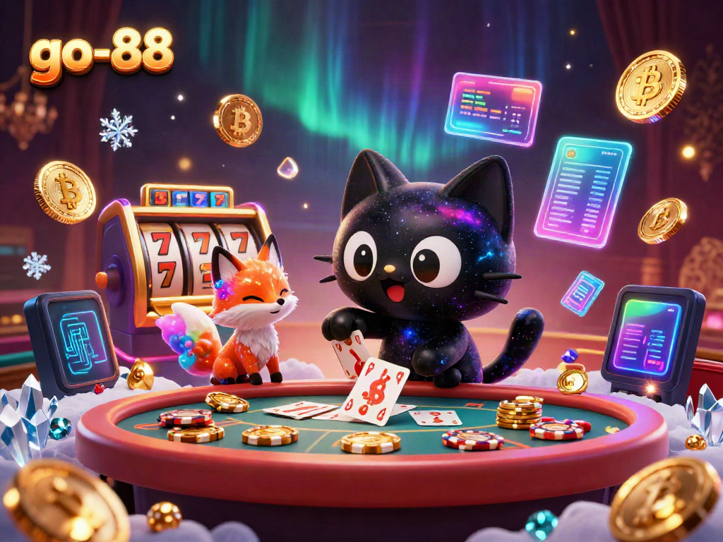 Experience the excitement of go-88 at a vibrant casino table with animated characters and golden chips.