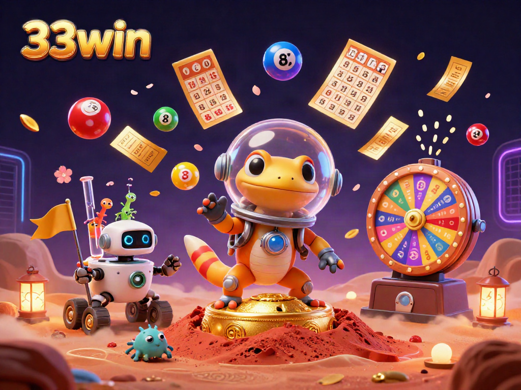 Experience thrilling luck with 33win in a vibrant 3D depiction of a Martian gecko discovering a hidden casino.