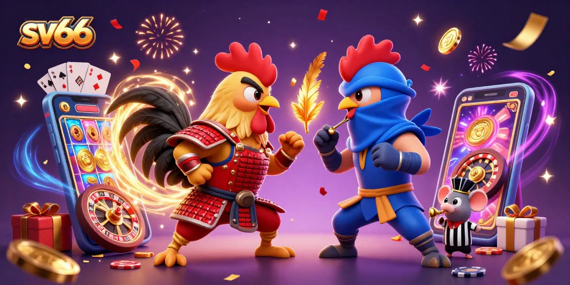 Experience thrilling gameplay at SV66 with two cartoon roosters in combat among gaming elements.