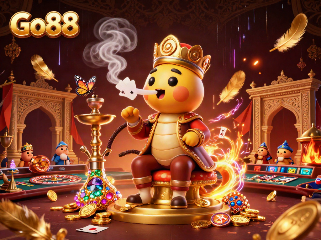 Win big at Go88 with a vibrant 3D illustration of a casino scene featuring a caterpillar and gaming symbols.