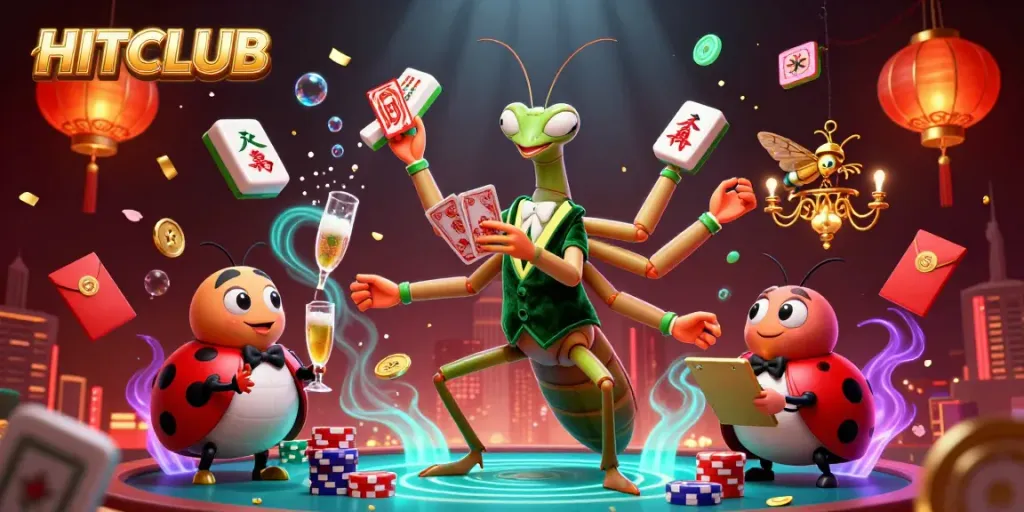 Engage with HITCLUB's vibrant casino scene showcasing animated characters and festive elements.