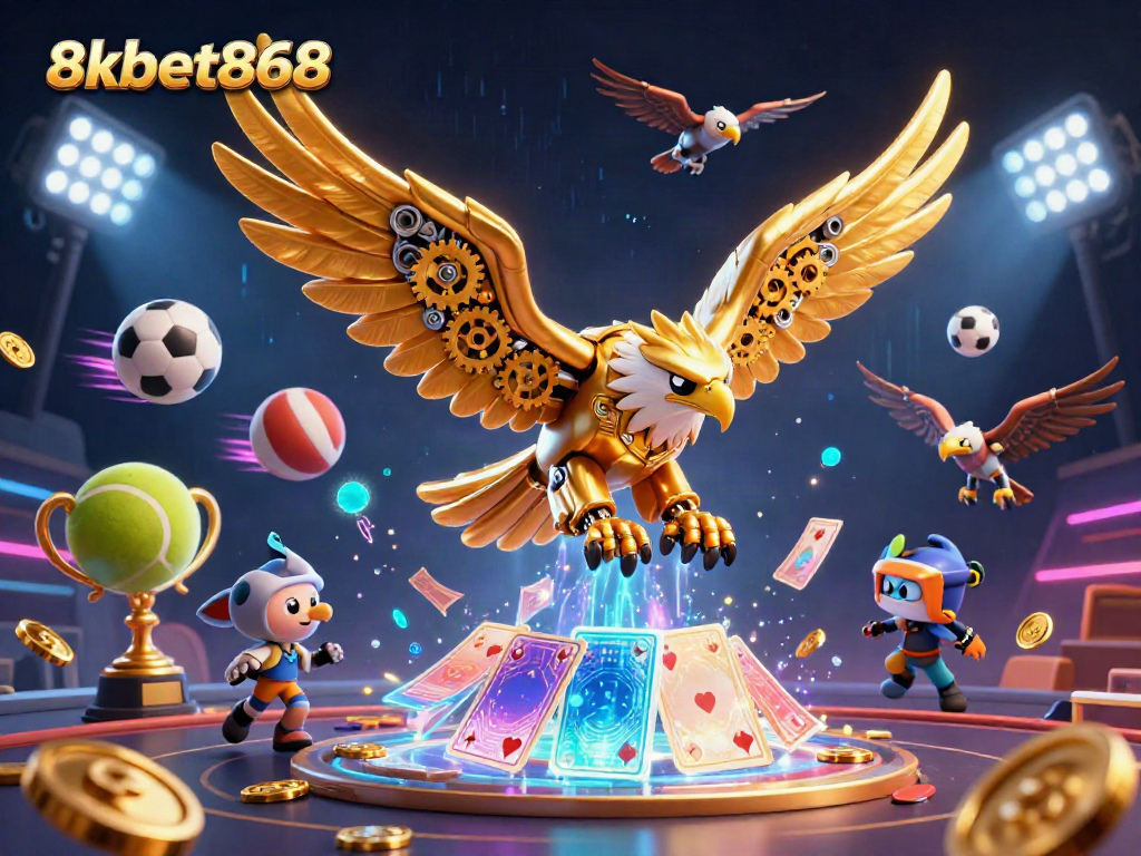 Experience the thrill of betting with 8xbet868's stunning 3D visuals featuring a golden eagle and dynamic sports elements.