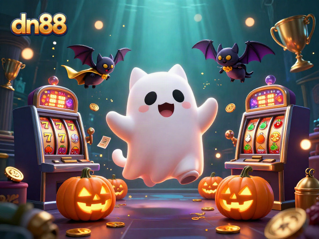 Experience thrilling gaming at dn88 with a lively scene featuring a friendly ghost cat and vibrant slot elements.
