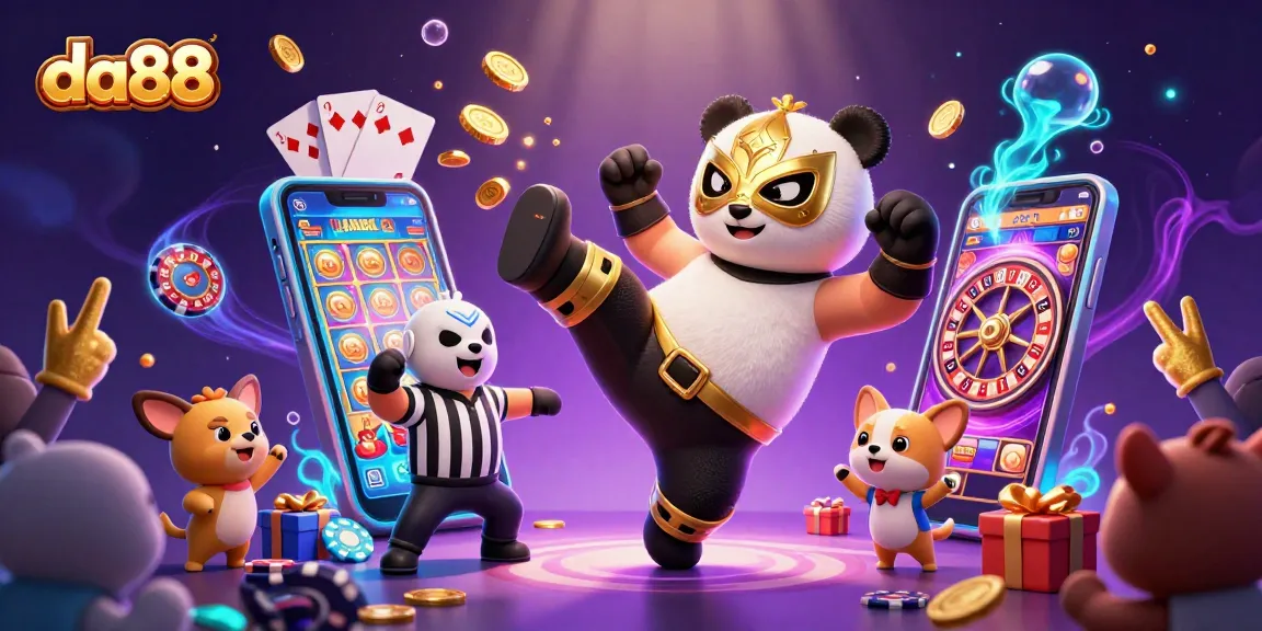 Engage with da88 through an exciting cartoon scene featuring a panda wrestler and gambling elements.