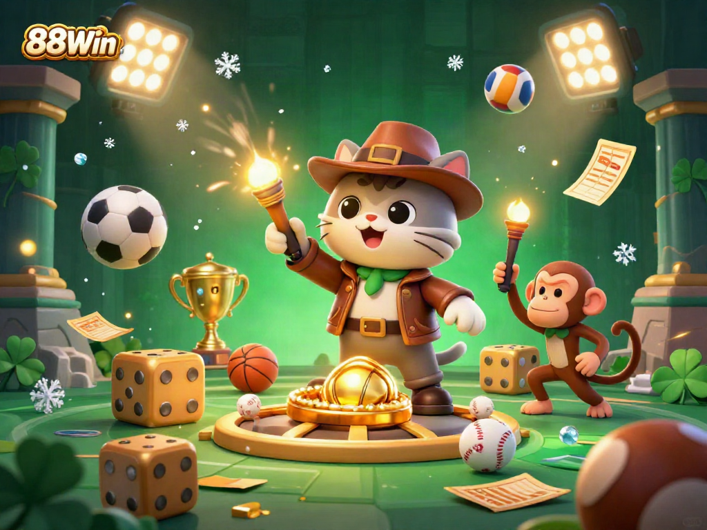 Exciting scene of winning at 88Win casino with dynamic sports elements and treasure.