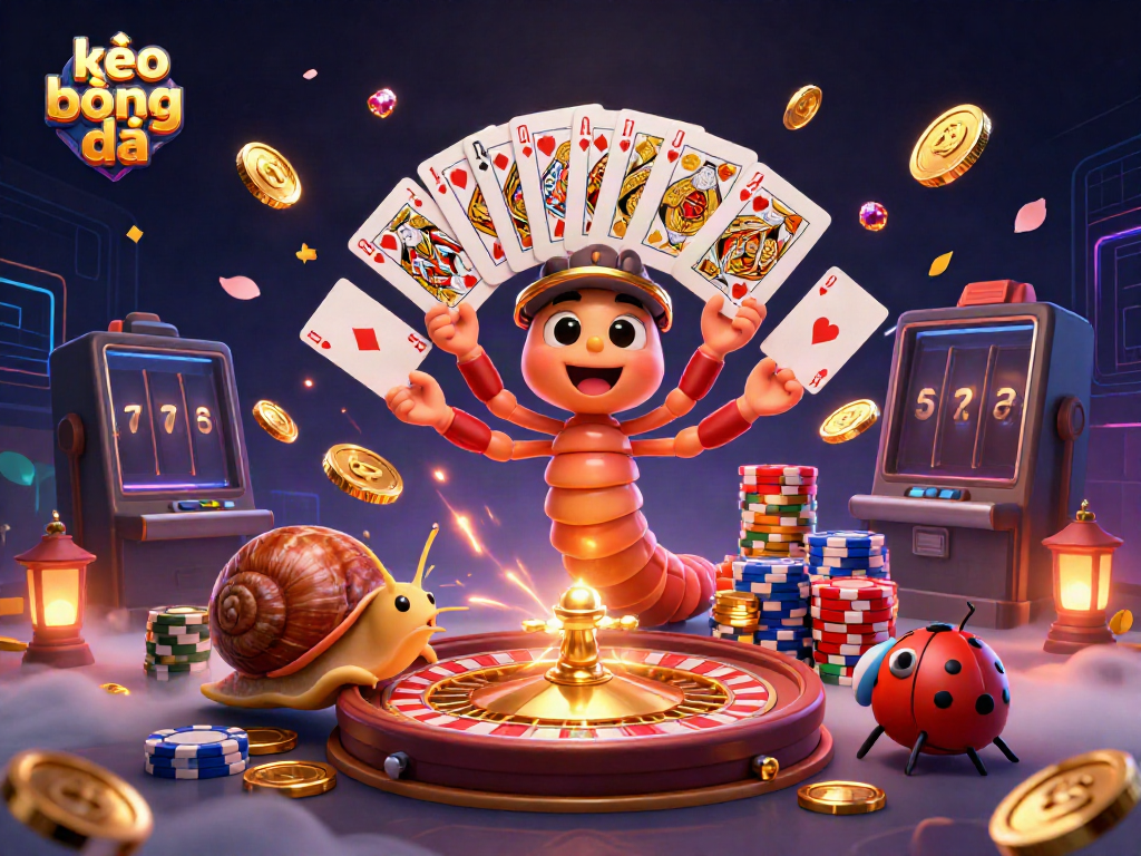 Engage in kèo bóng đá at a lively casino with a whimsical millipede dealer, high-roller snail, and vibrant chips.
