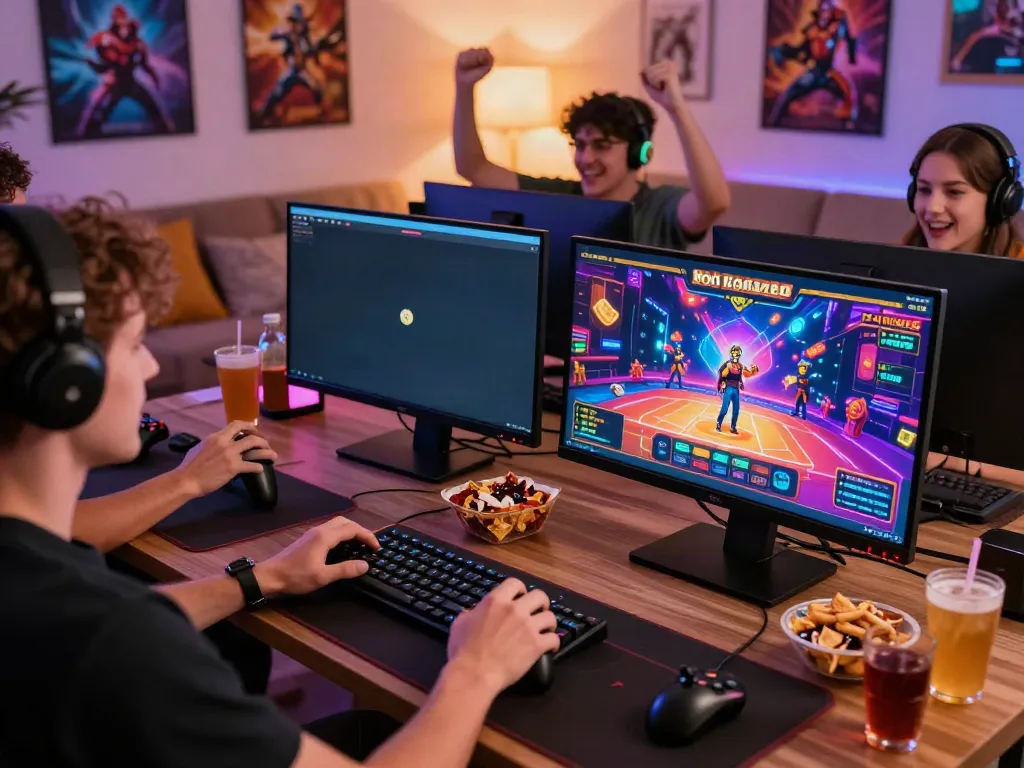 Engaging scene of players enjoying games not on Gamstop in a lively home gaming setup.