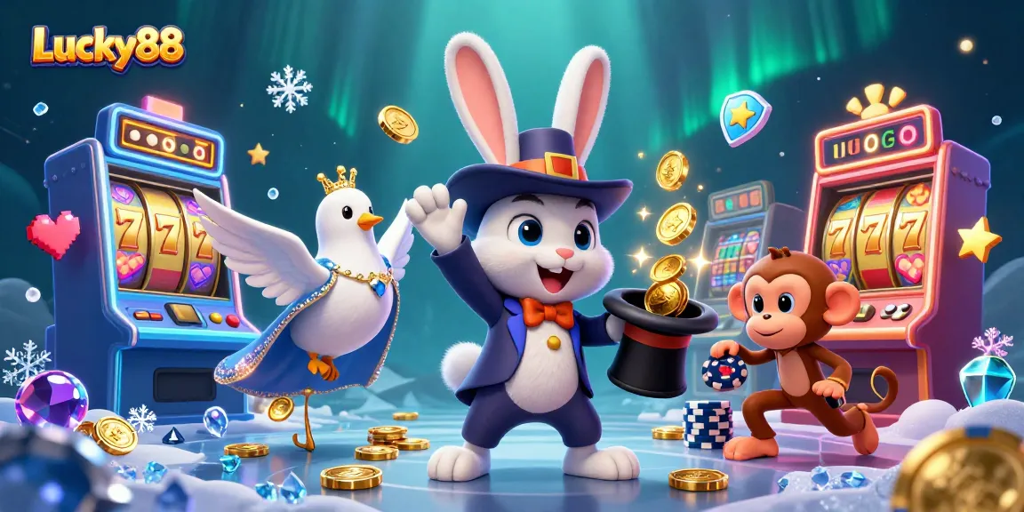 Experience the magical world of Lucky88 as lively characters celebrate slot jackpots amidst glowing gaming elements.