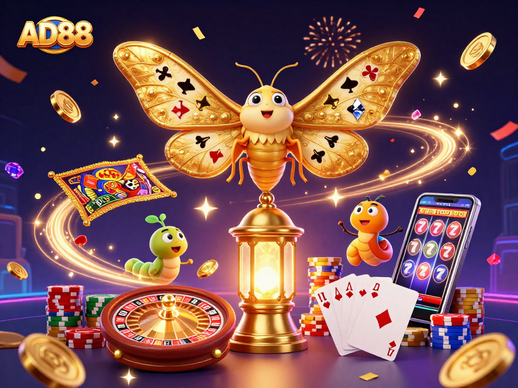 Engage with AD88 for thrilling 3D casino adventures featuring dazzling golden moths and vibrant gaming elements.