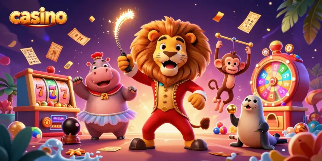 Engage in thrilling casino action with a vibrant 3D circus scene showcasing lucky characters.