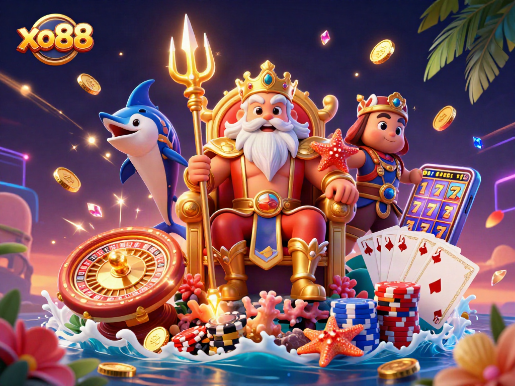 Join the excitement of xo88 with a vibrant 3D scene featuring Neptune and gaming elements.