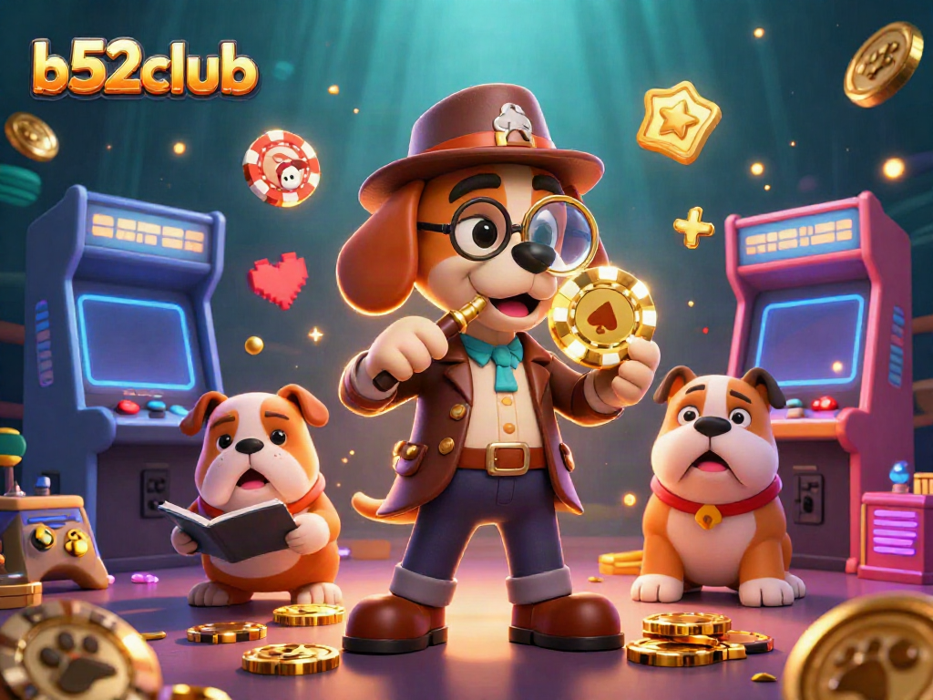 Engage with b52club's vibrant 3D casino adventure featuring a detective examining poker chip clues.