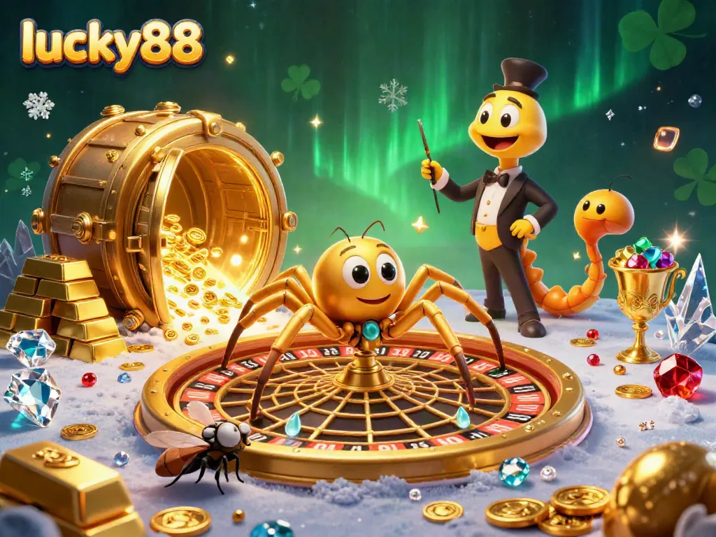 Try your luck at lucky88 as a fly makes bets on a roulette wheel web, surrounded by treasures.