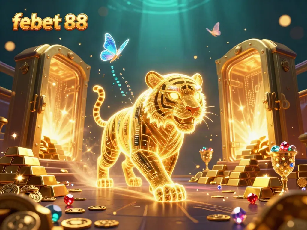 Experience winning thrills with febet 88 in a vibrant digital casino scene featuring a golden tiger and treasures.