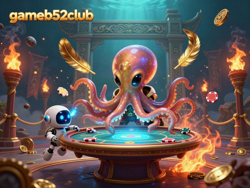 Engage with gameb52club's thrilling poker action led by a vibrant alien octopus at a holographic table.