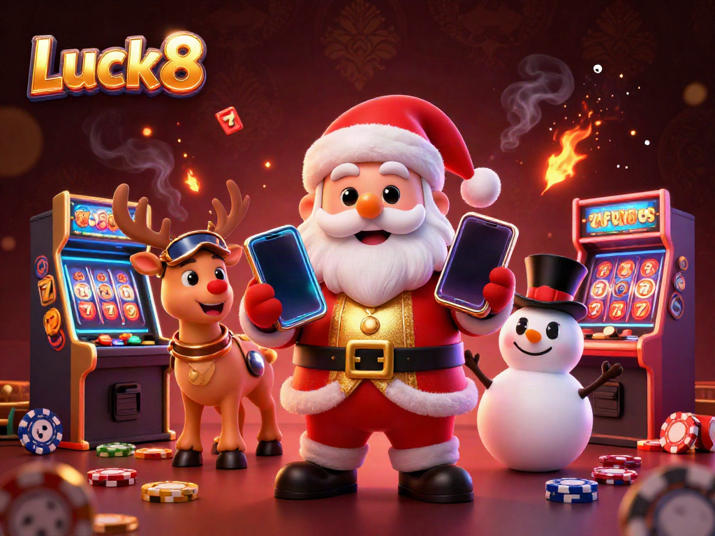 Experience Luck8 with Santa, reindeer, and snowman in a vibrant casino scene, showcasing jackpot excitement.