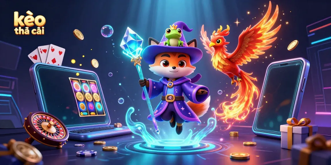 Engage with kèo nhà cái through a mystical scene of a wizard fox, phoenix, and festive casino elements.