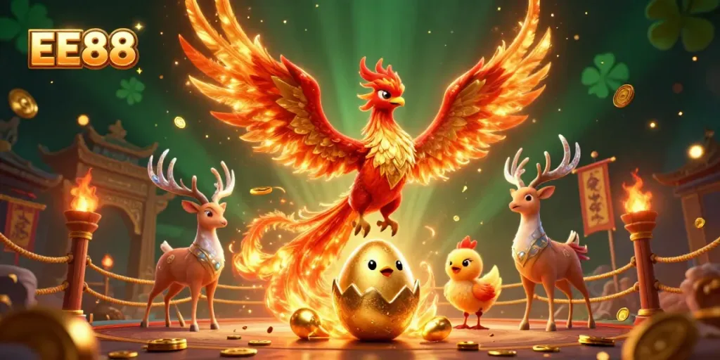 Engage in dynamic gameplay with EE88, highlighted by a vibrant phoenix and mystical stag amid luxurious casino elements.
