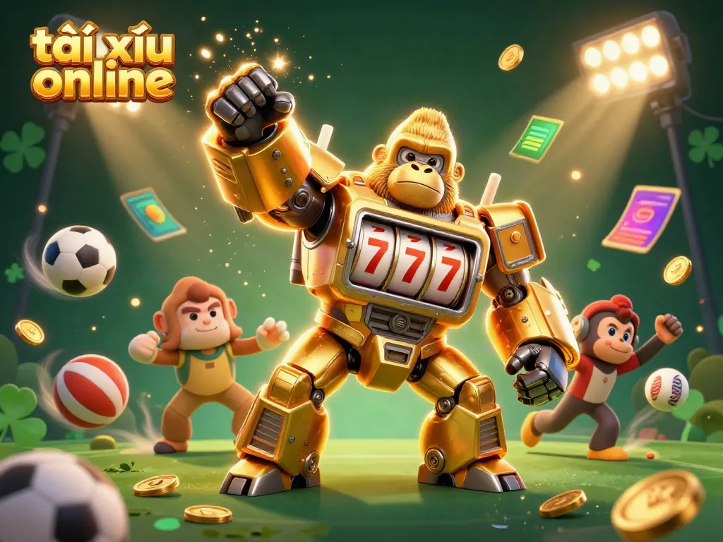 Experience excitement with tài xỉu online featuring a golden gorilla mech and vibrant sports elements.