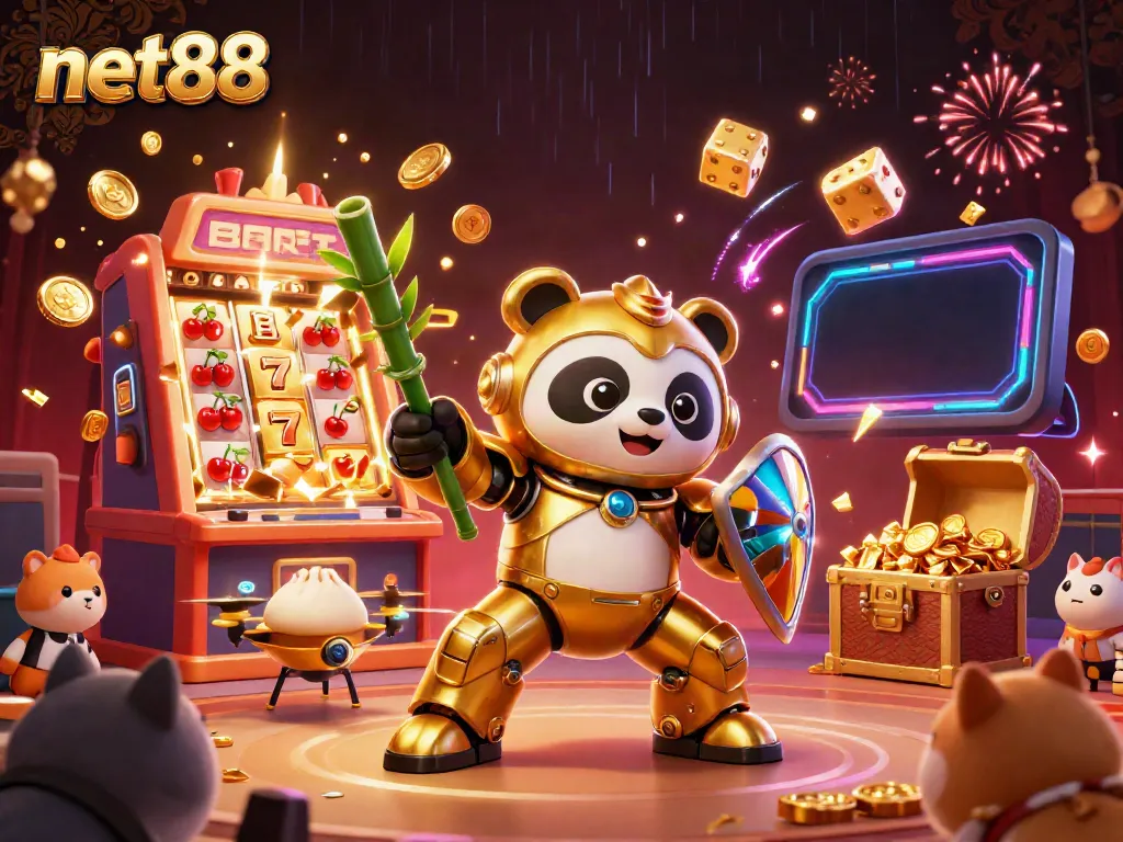 Experience thrilling action at net88 with this animated scene of a panda in a mech-suit battling amidst casino elements.