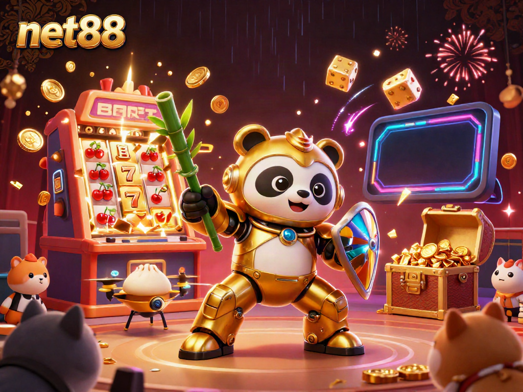 Experience thrilling action at net88 with this animated scene of a panda in a mech-suit battling amidst casino elements.