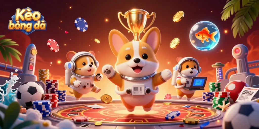 Kèo bóng đá scene with a corgi astronaut in a space casino, sports elements, and dynamic poker setups