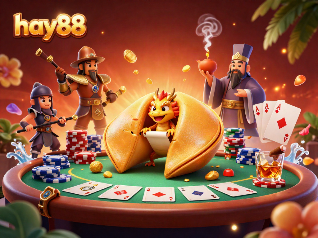 Play exciting games at hay88 in a vibrant, packed casino setting with animated characters and gold elements.