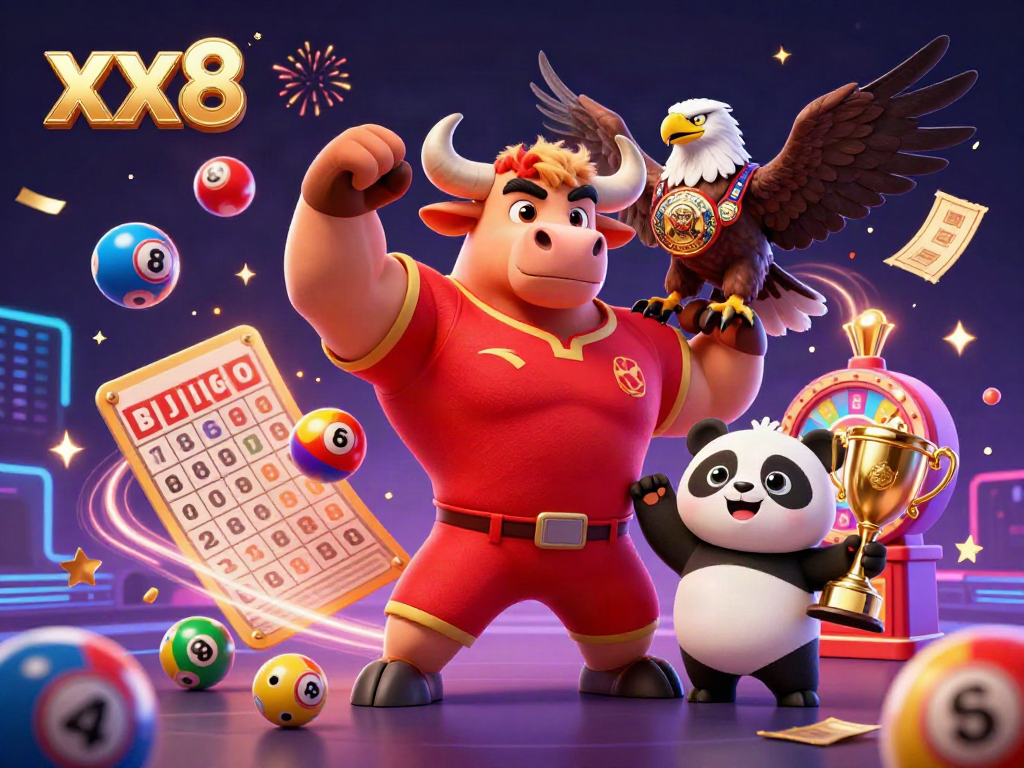Celebrate with the xx8 bull mascot, eagle, and panda amidst a vibrant lottery scene.