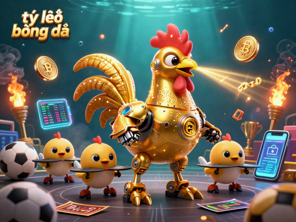Bet on tỷ lệ bóng đá with engaging 3D gambling illustration featuring a golden rooster and sports elements.