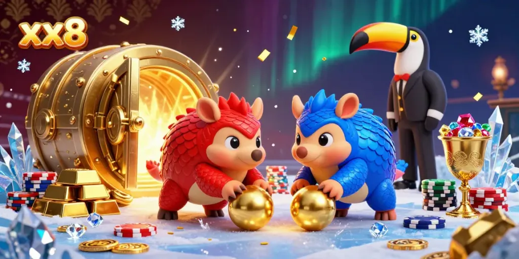Engaging scene of rival pangolins competing in a casino setting, showcasing xx8 gaming excitement with golden treasures.