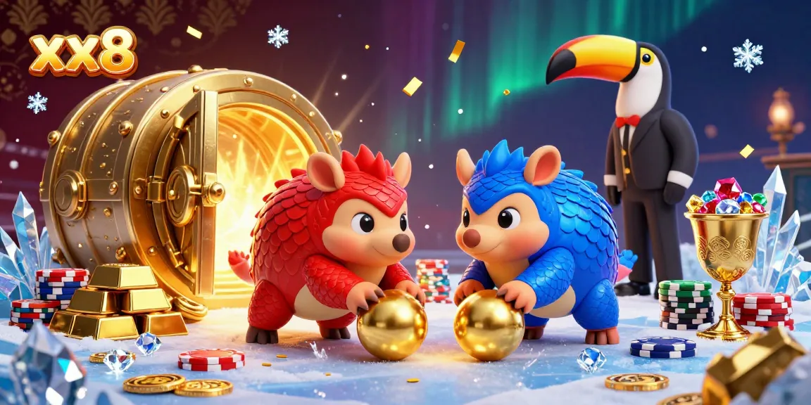 Engaging scene of rival pangolins competing in a casino setting, showcasing xx8 gaming excitement with golden treasures.