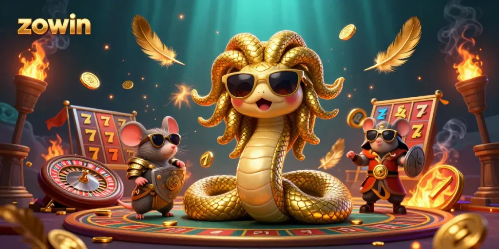 Win big with ZOWIN in a vibrant casino scene featuring Medusa and a warrior mouse.
