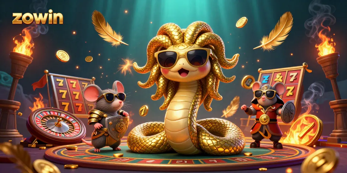 Win big with ZOWIN in a vibrant casino scene featuring Medusa and a warrior mouse.
