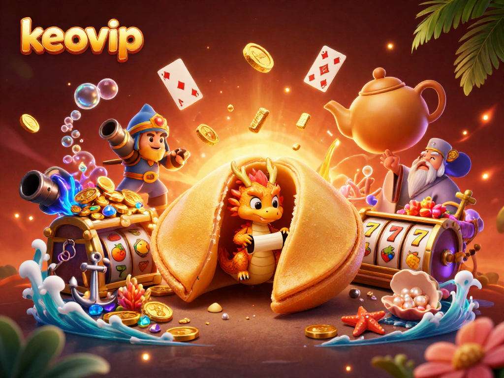 Engage with keovip's dynamic 3D casino illustration showcasing a golden fortune cookie and wise dragon.