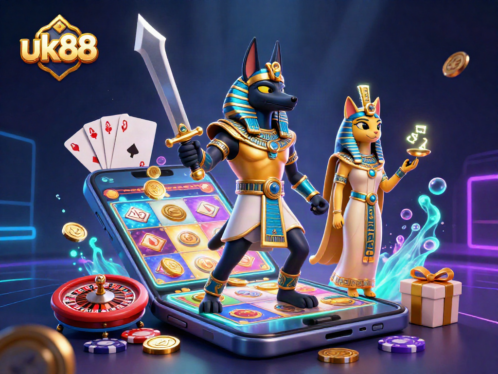 Spin the vibrant slot reels at uk88 with Anubis and Bastet amidst glowing hieroglyphs.