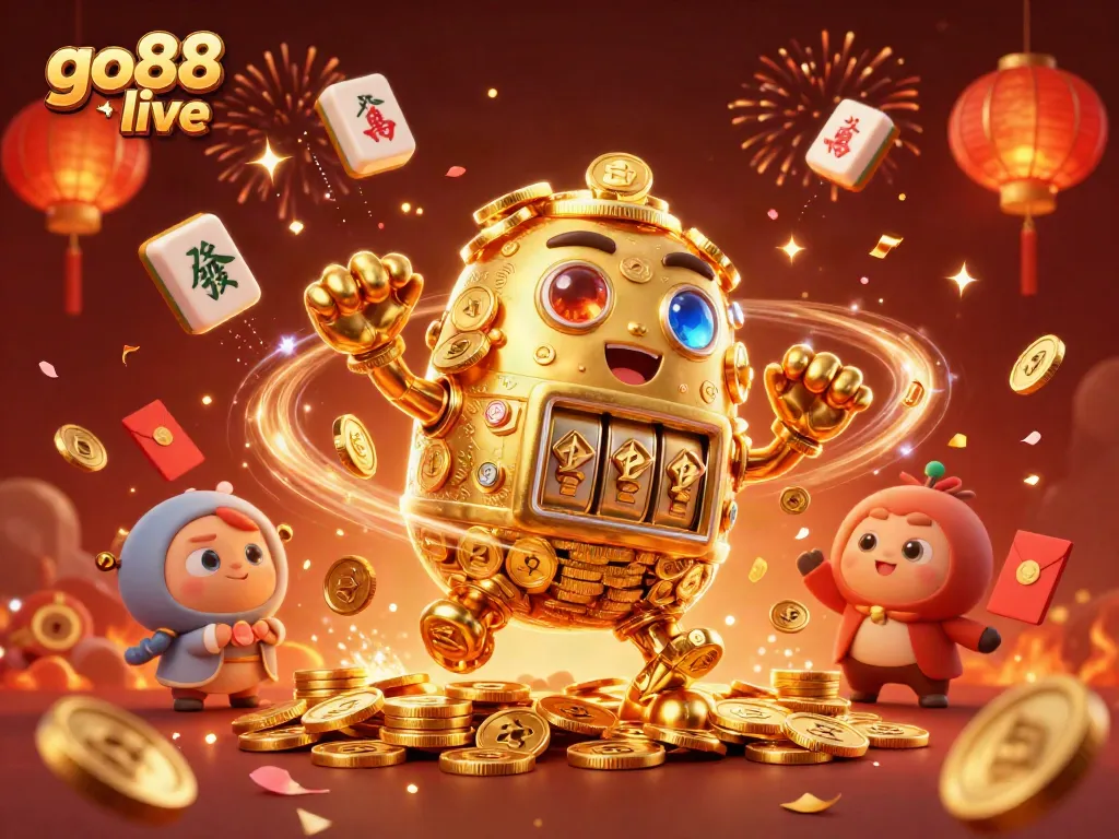 Engage in the thrill of go88 live with a vibrant 3D scene of a golden golem and festive casino elements.