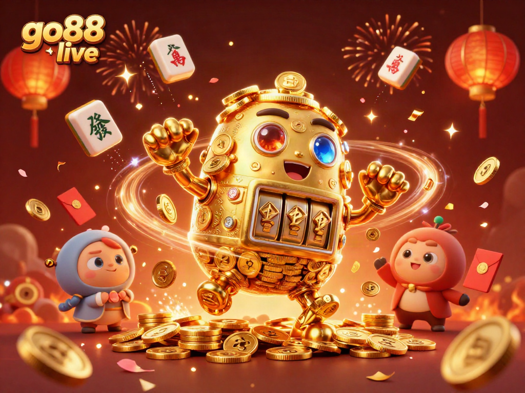Engage in the thrill of go88 live with a vibrant 3D scene of a golden golem and festive casino elements.