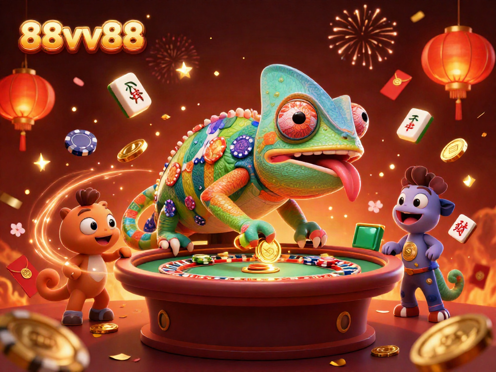 Engage with 88vv88 in a vibrant casino scene featuring a dynamic chameleon owner and rich gambling elements.