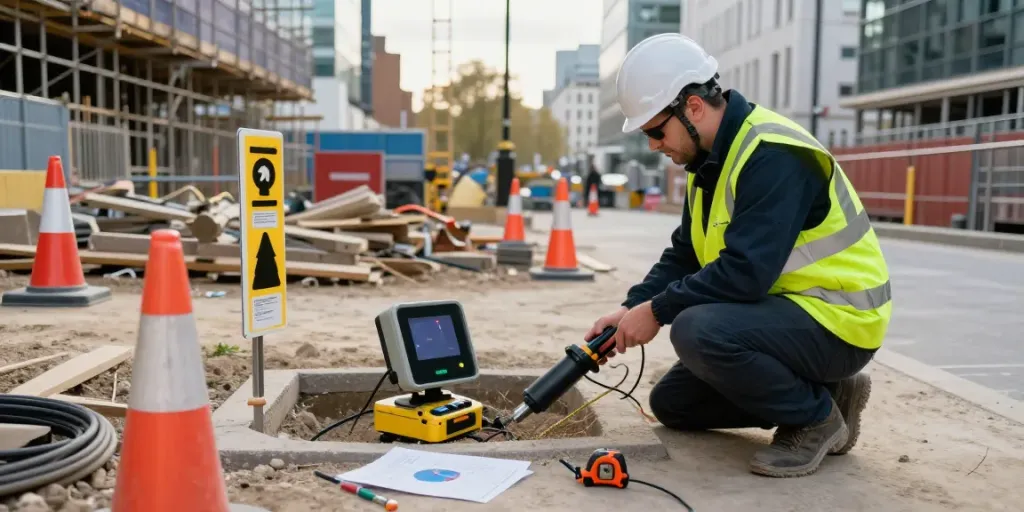 Underground Utility Survey London with technician using GPR equipment at urban construction site.